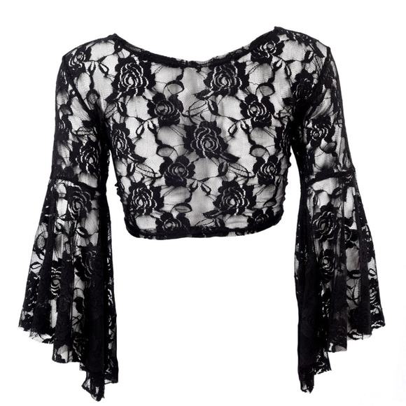 🌺 NEW BLACK SHEER LACE COVER UP HALF BELLY SHIRT - Picture 5 of 8